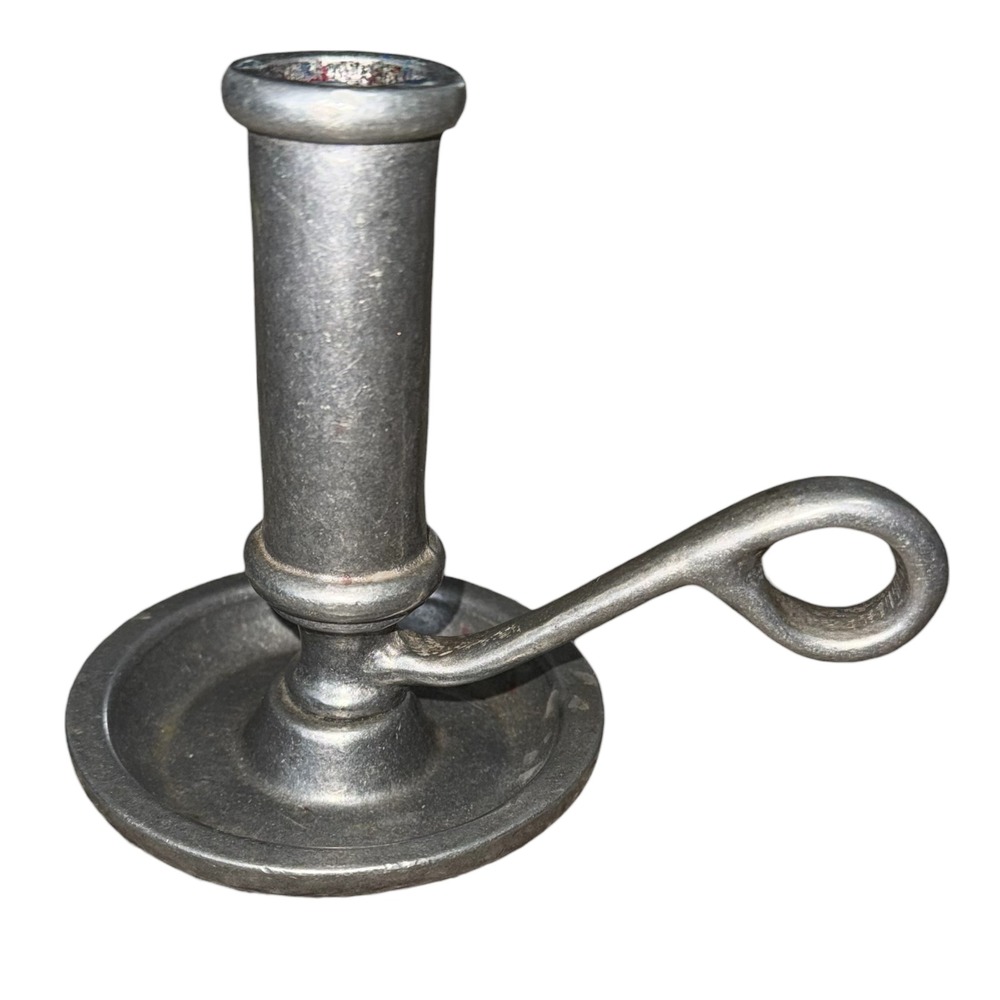 Vintage Carson Cast Metal Chamberstick Candle Holder Colonial Finger Loop Handle